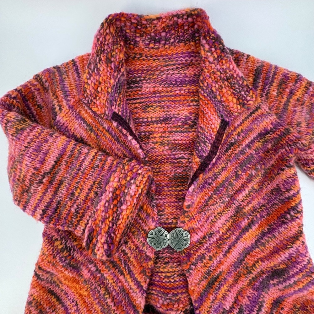 Handknit Chunky Knit Cardigan Sunset Orange Pink Purple Celtic Knot Clasp Cardi